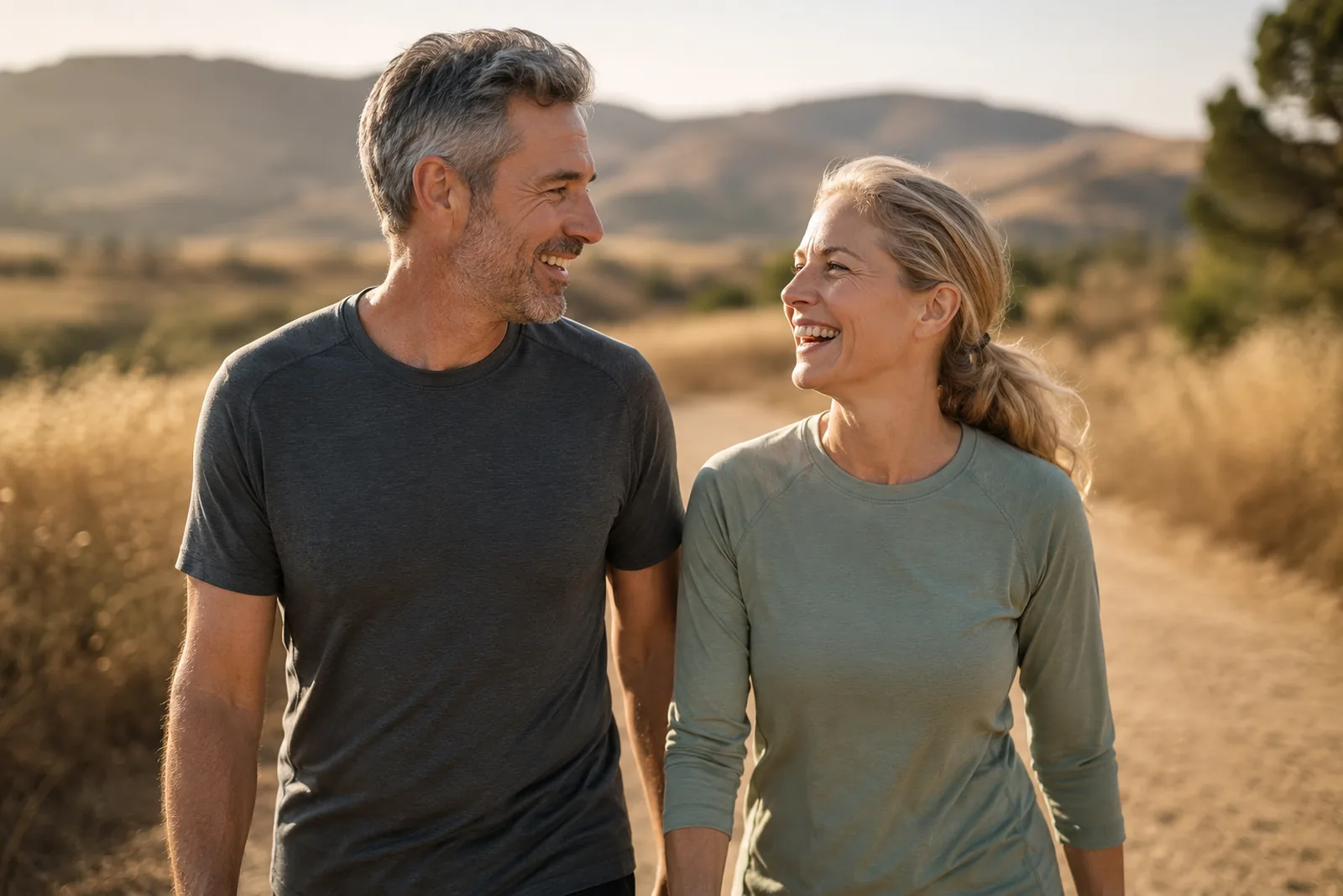 A couple in their fifties laughing together on a sunlit trail